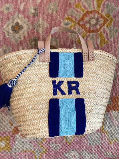 Blue Striped Double Strap Monogram Tote