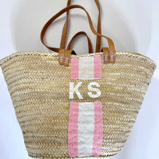 Pink Striped Double Strap Monogram Tote