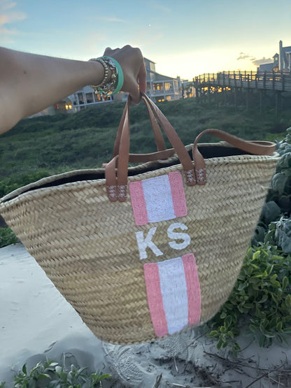 Pink Striped Double Strap Monogram Tote