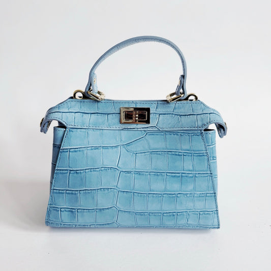 Ocean Blue Crocodile Embossed Leather Flip Lock Bag