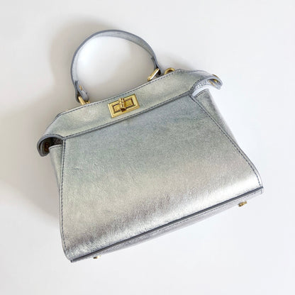 Mini Twist Lock Silver Metallic Leather Bag