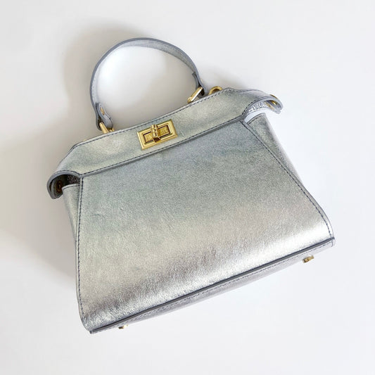 Mini Twist Lock Silver Metallic Leather Bag