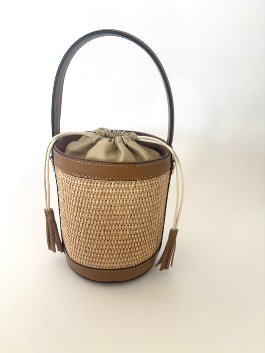 Camel Raffia Bucket Bag