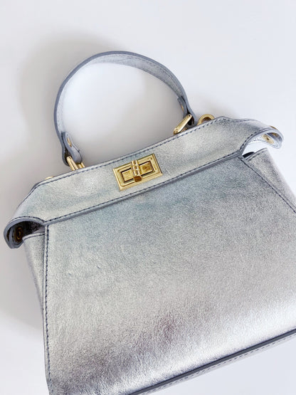 Mini Twist Lock Silver Metallic Leather Bag