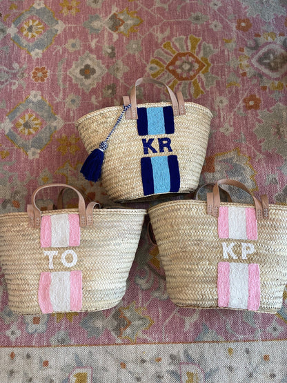 Blue Striped Double Strap Monogram Tote