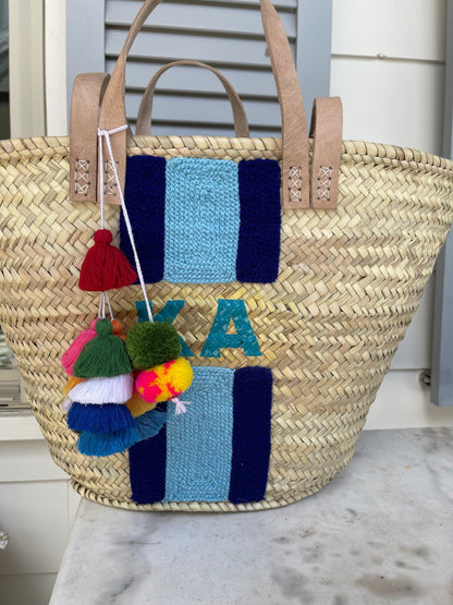 Blue Striped Double Strap Monogram Tote
