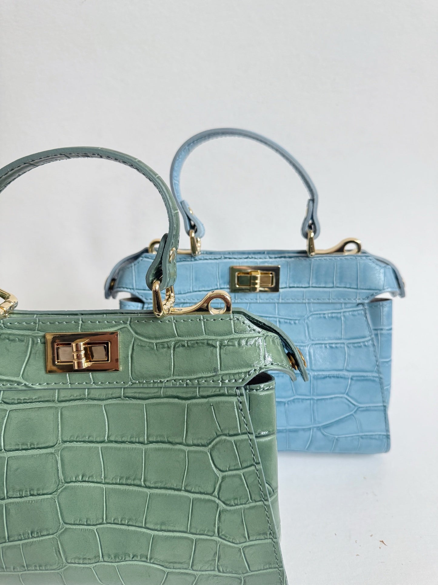 Sage Green Croc Embossed Leather Flip Lock Bag