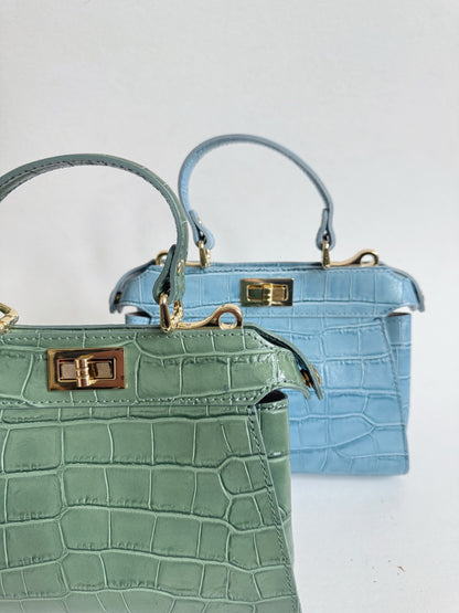 Sage Green Croc Embossed Leather Flip Lock Bag