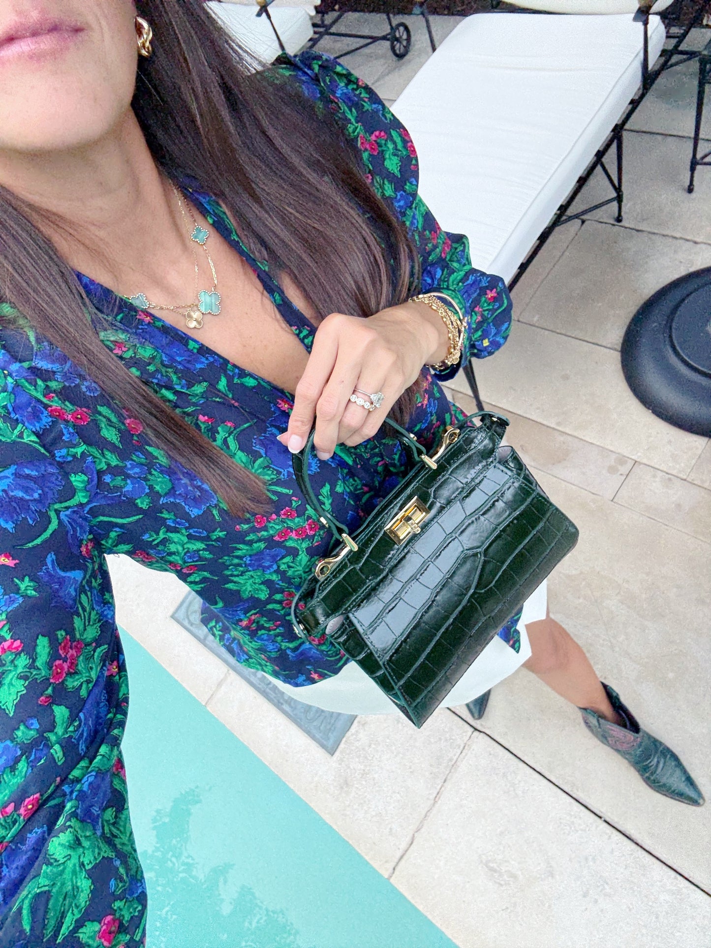 Dark Green Croc Embossed Leather Flip Lock Bag