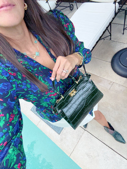 Dark Green Croc Embossed Leather Flip Lock Bag
