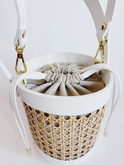 White Cane Wicker Bucket Bag