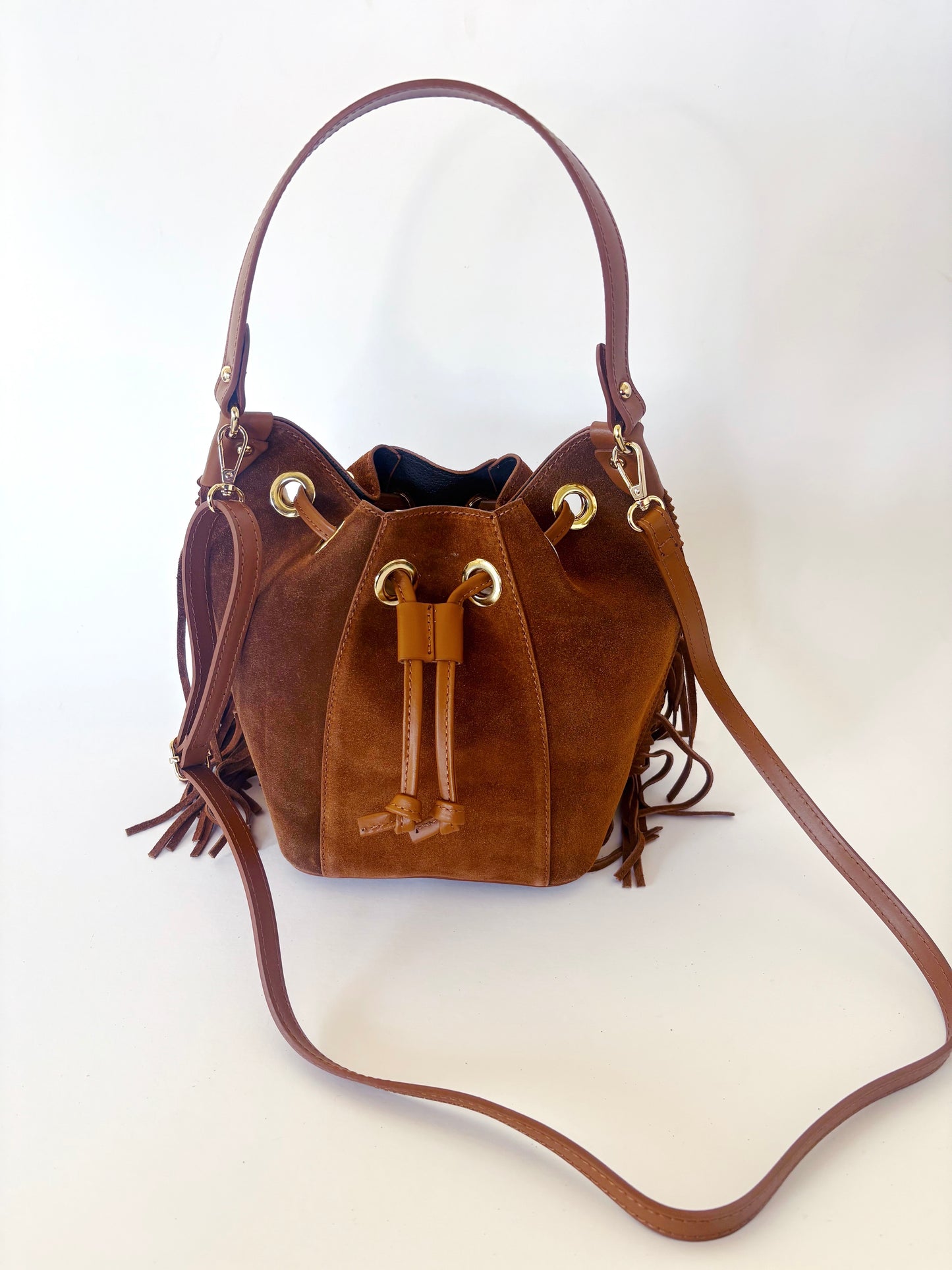 Suede Fringe Tote : Cognac
