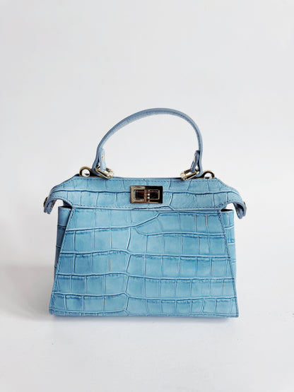 Ocean Blue Crocodile Embossed Leather Flip Lock Bag