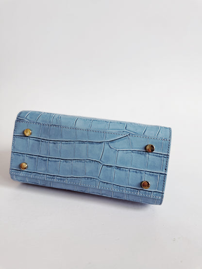 Ocean Blue Crocodile Embossed Leather Flip Lock Bag