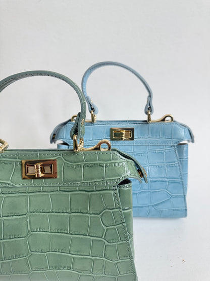 Ocean Blue Crocodile Embossed Leather Flip Lock Bag