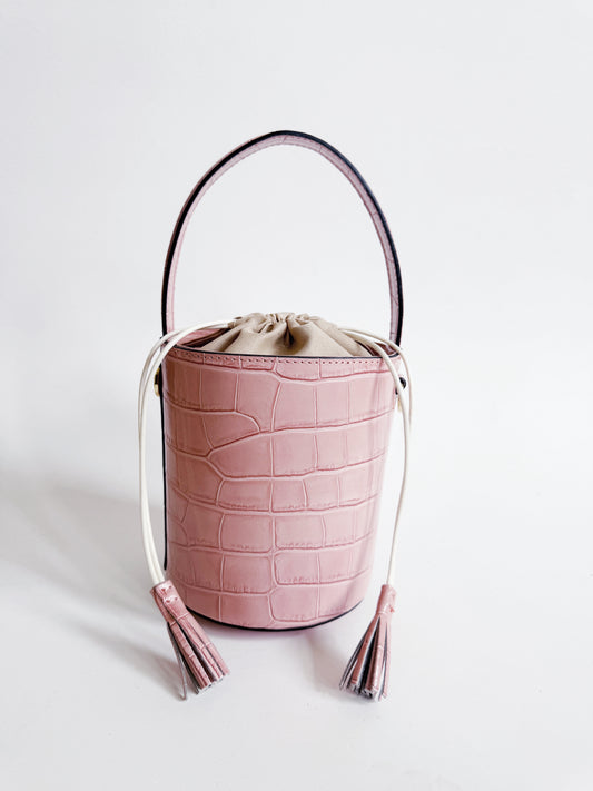 Light Pink Crocodile Embossed Leather Bucket Bag