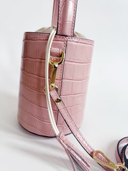 Light Pink Crocodile Embossed Leather Bucket Bag