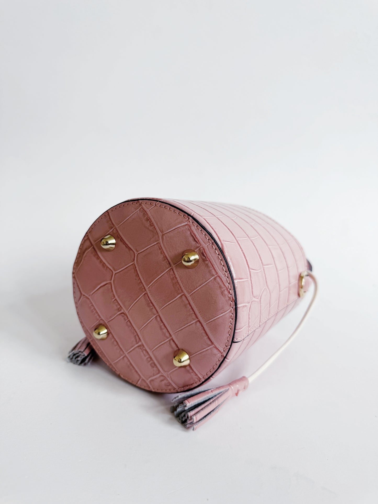 Light Pink Crocodile Embossed Leather Bucket Bag