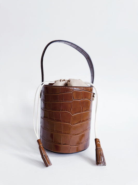 Camel Crocodile Embossed Leather Bucket Bag