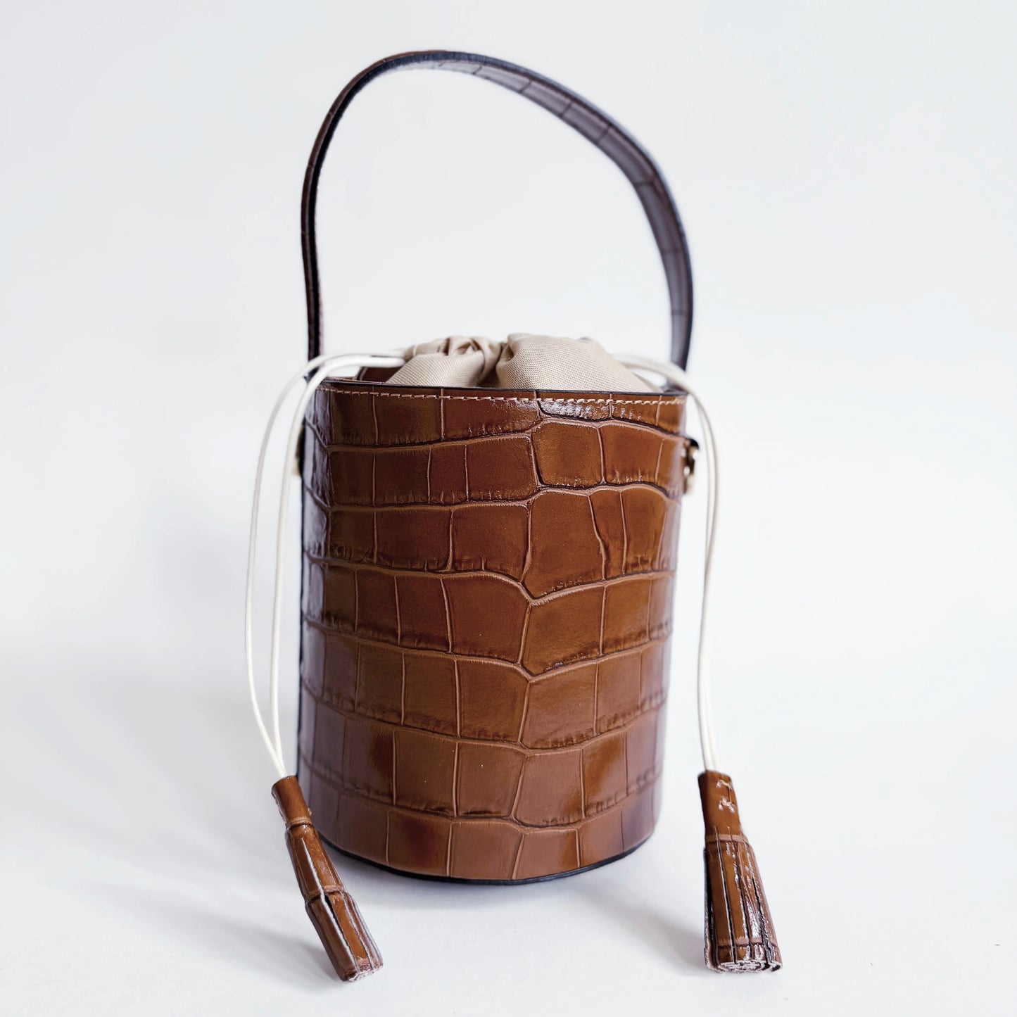 Camel Crocodile Embossed Leather Bucket Bag