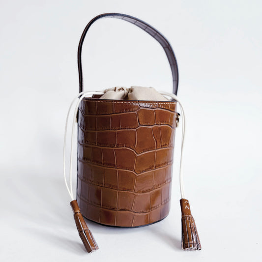 Camel Crocodile Embossed Leather Bucket Bag