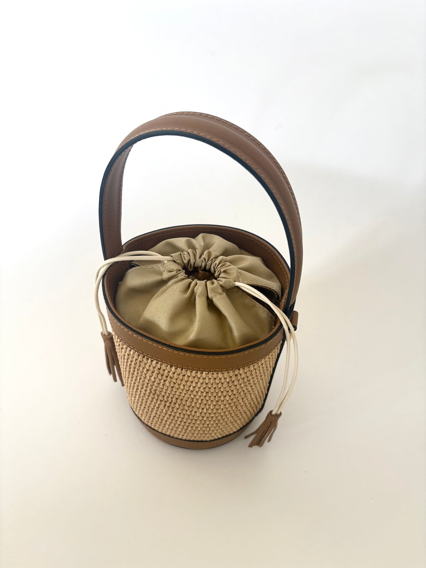 Camel Raffia Bucket Bag