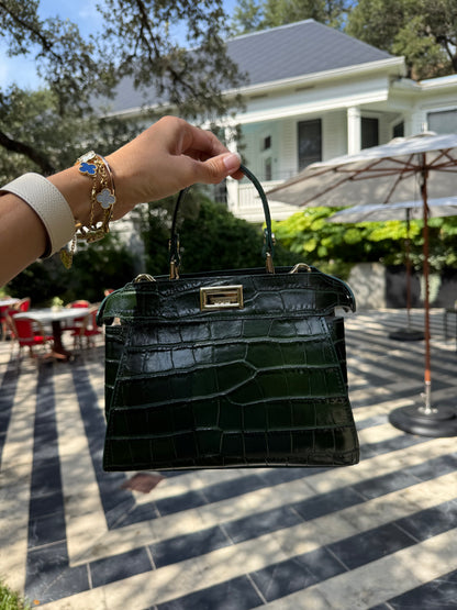 Dark Green Croc Embossed Leather Flip Lock Bag