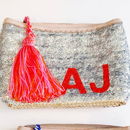 Silver Sequin Straw Clutch + Monogram