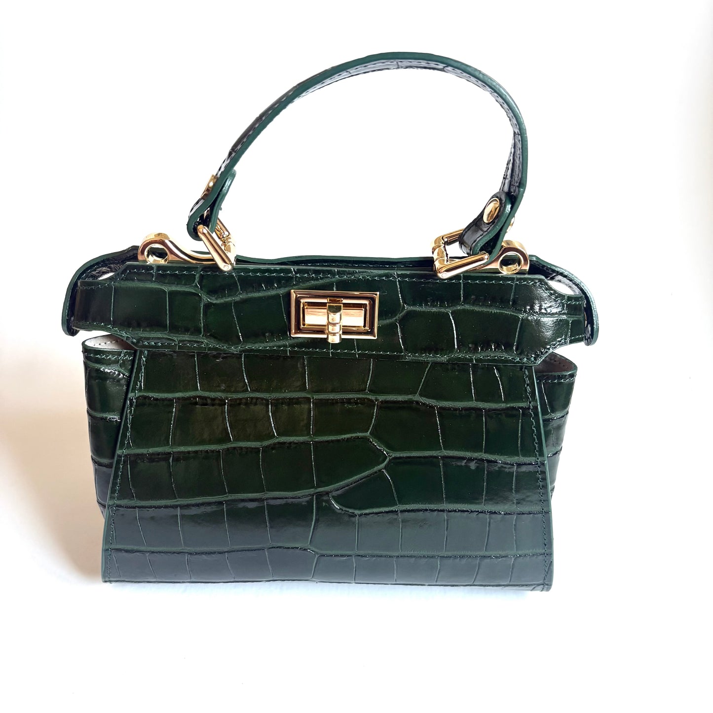 Dark Green Croc Embossed Leather Flip Lock Bag