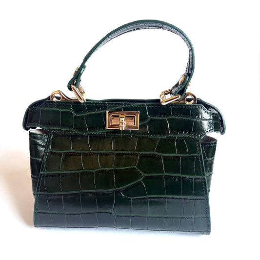 Dark Green Croc Embossed Leather Flip Lock Bag