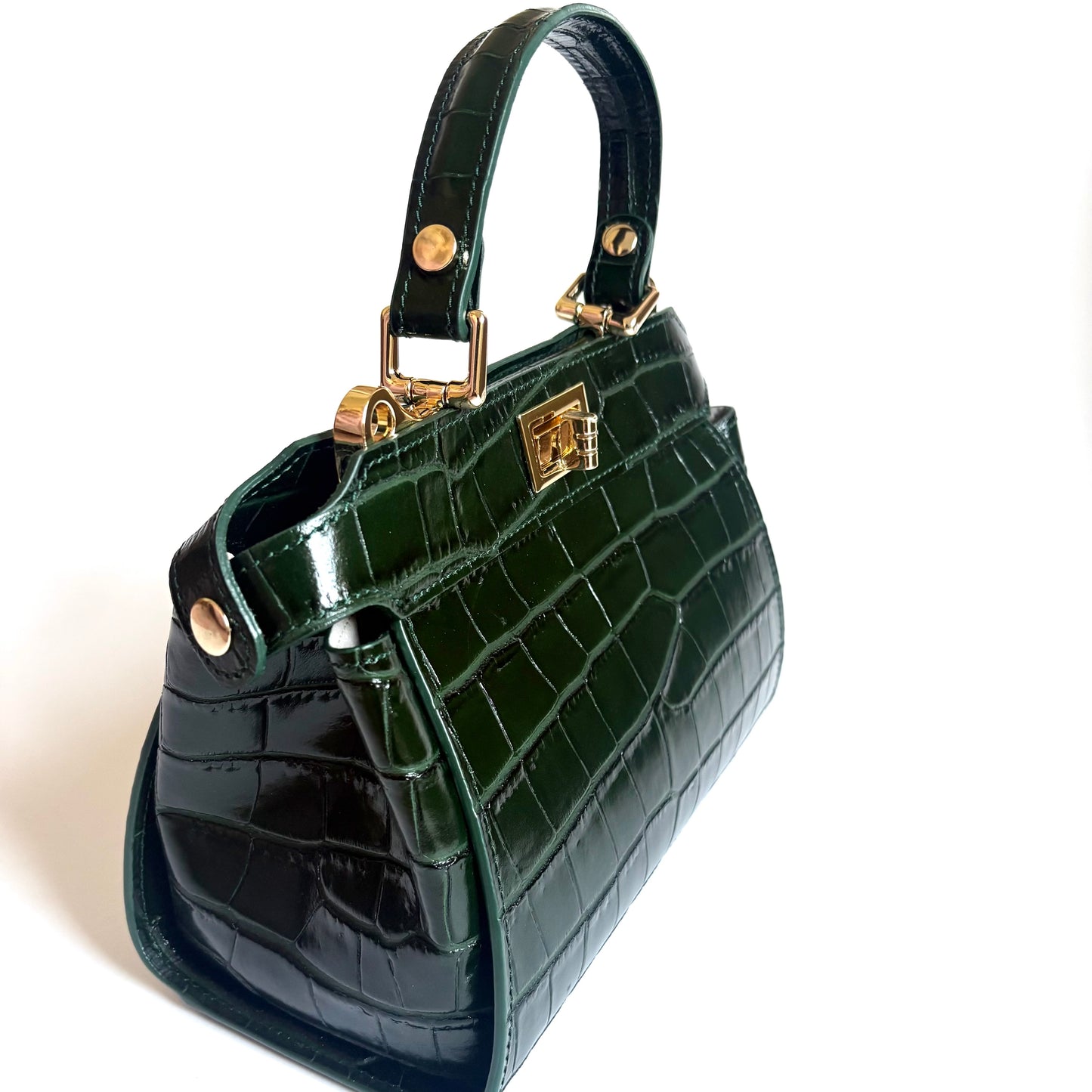 Dark Green Croc Embossed Leather Flip Lock Bag