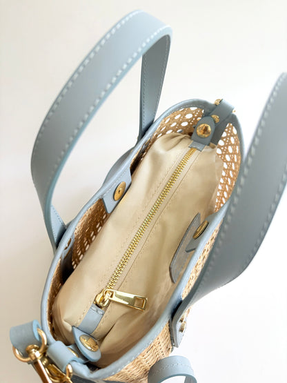 Light Blue Cane Wicker Mini Market Tote