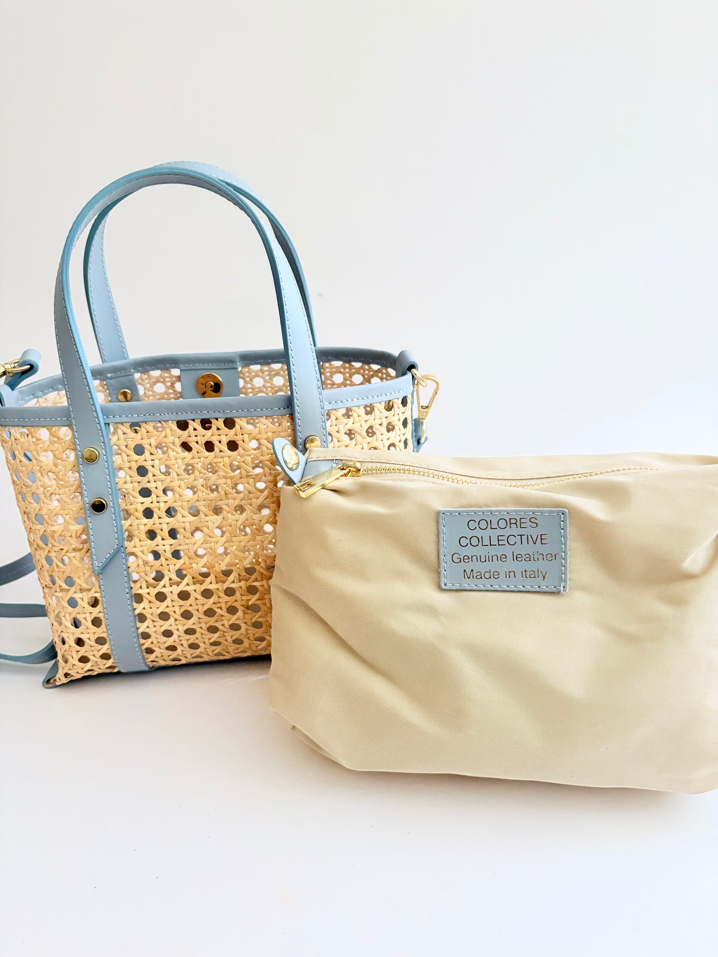 Light Blue Cane Wicker Mini Market Tote