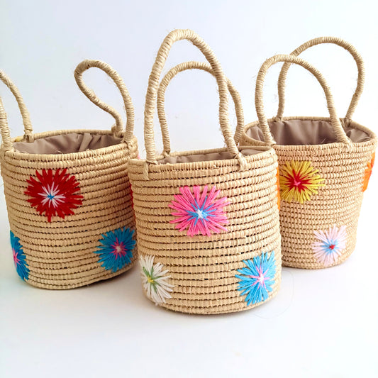 Multi Color Floral Straw Bucket Bags