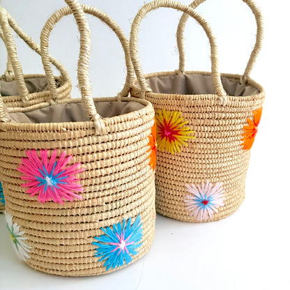 Multi Color Floral Straw Bucket Bags