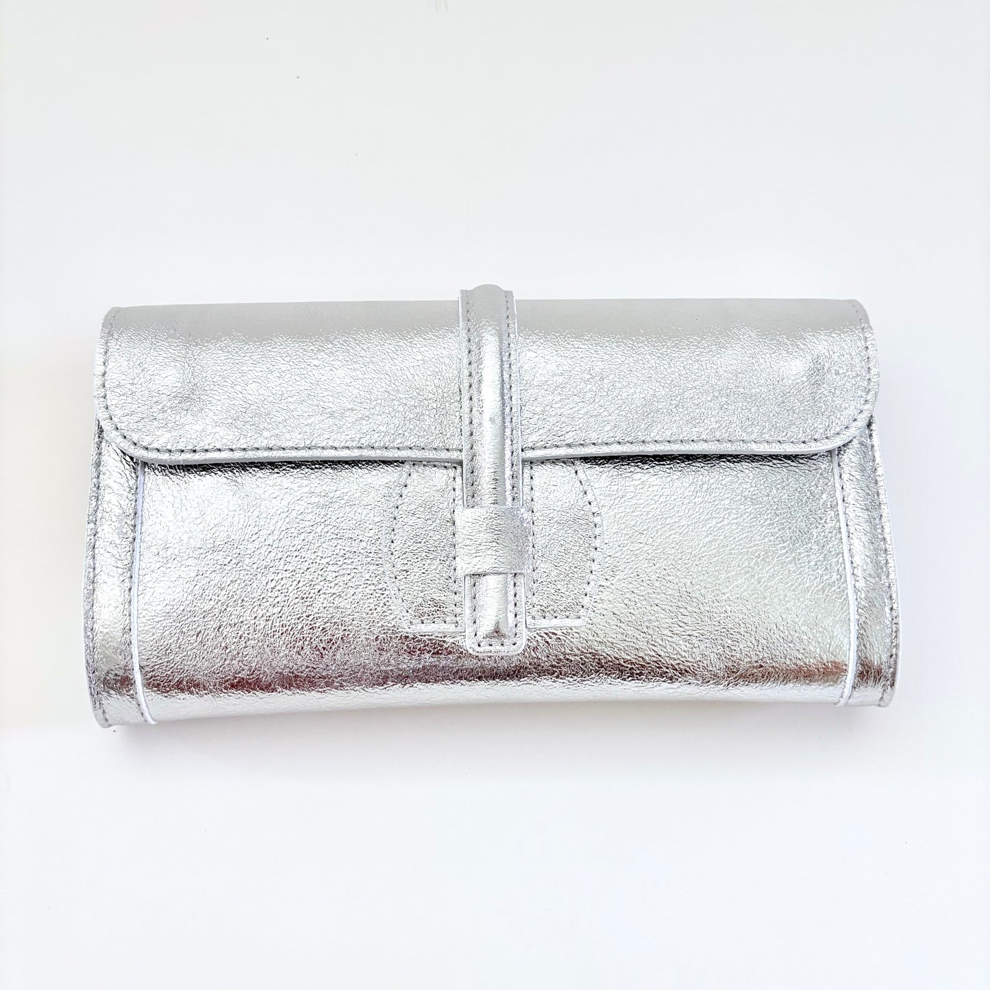 Metallic Silver Monet Leather Clutch