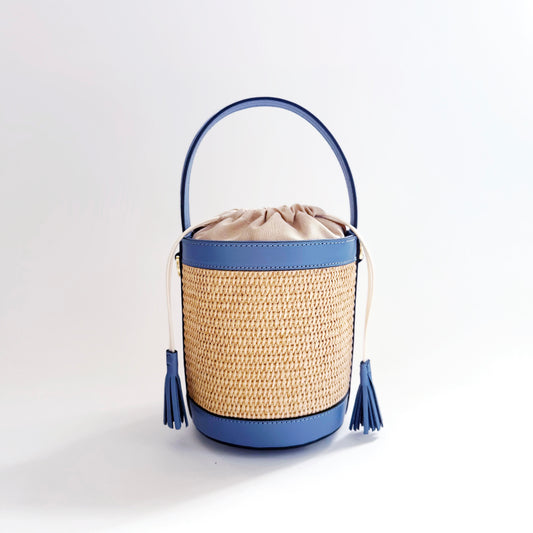 Denim Blue Raffia Bucket Bag