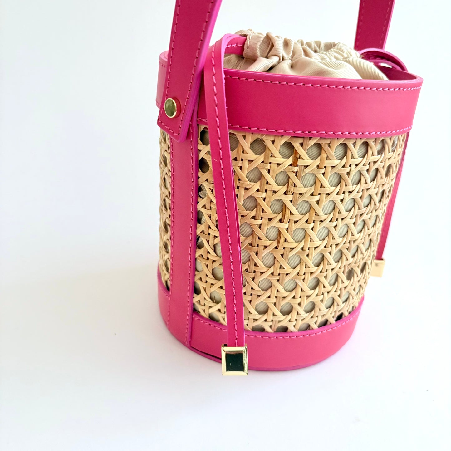 Hot Pink Cane Wicker Bucket Bag