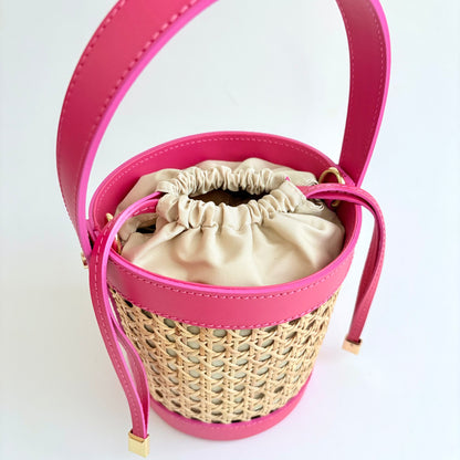 Hot Pink Cane Wicker Bucket Bag