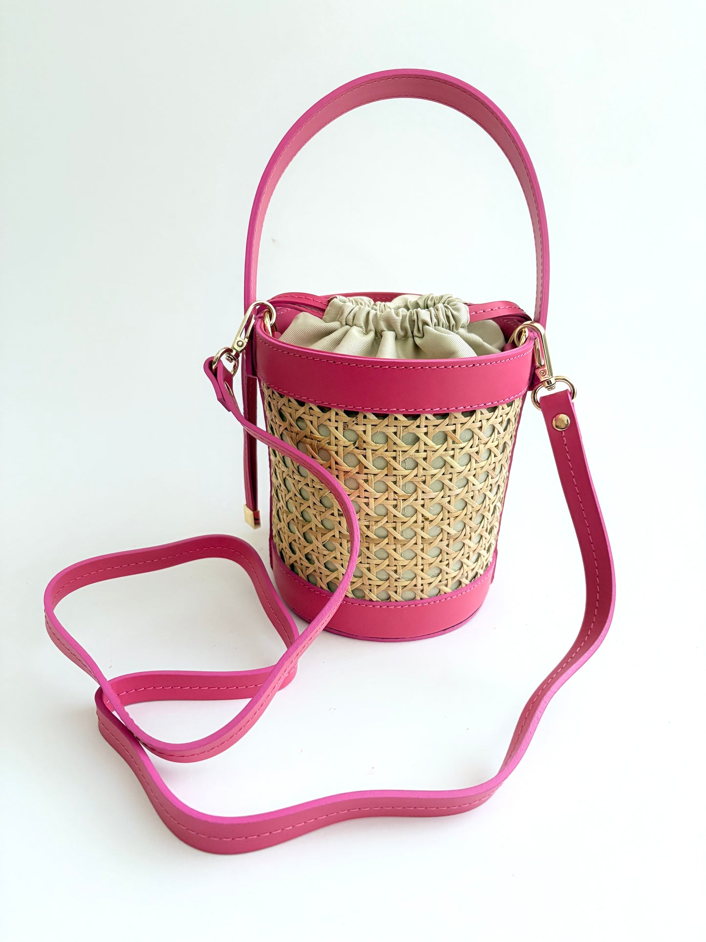 Hot Pink Cane Wicker Bucket Bag