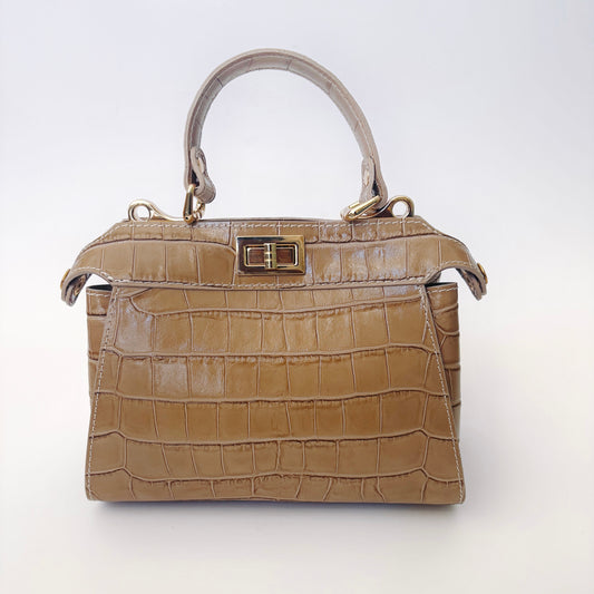 Taupe Crocodile Embossed Leather Flip Lock Bag