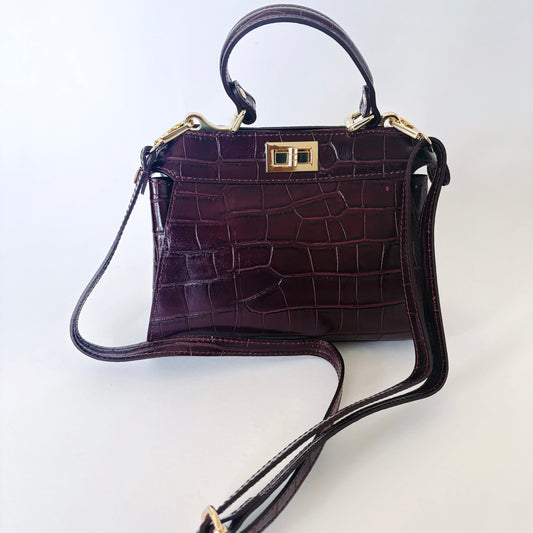 Merlot Crocodile Embossed Leather Flip Lock Bag