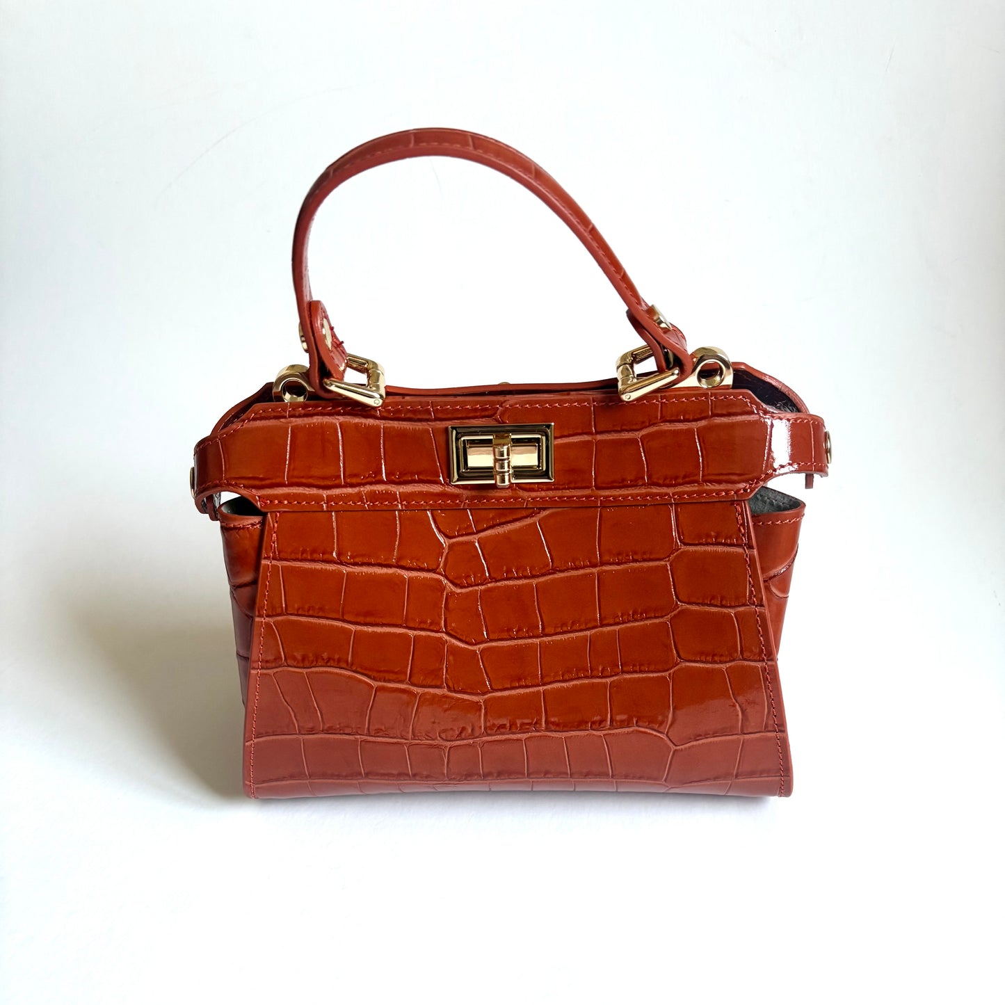Burnt Orange Croc Embossed Leather Flip Lock Bag