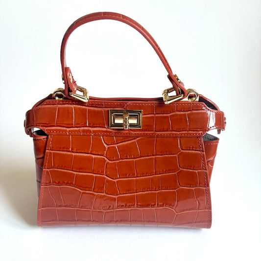 Burnt Orange Croc Embossed Leather Flip Lock Bag