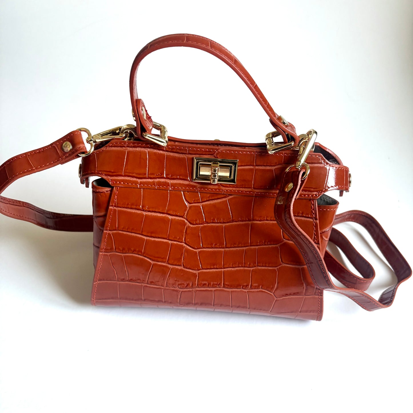 Burnt Orange Croc Embossed Leather Flip Lock Bag