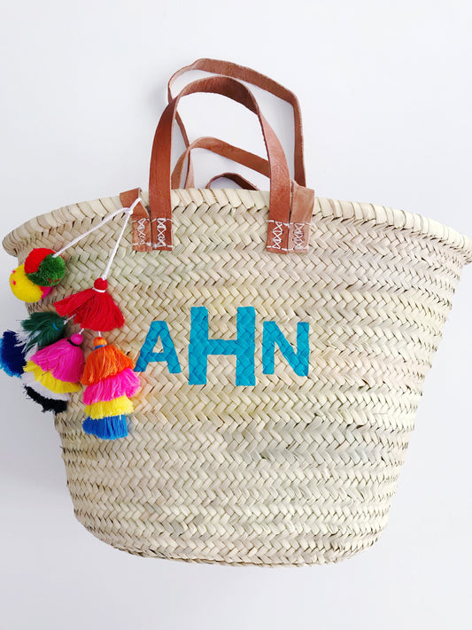 Double Strap Straw Monogram Tote