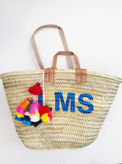 Double Strap Straw Monogram Tote