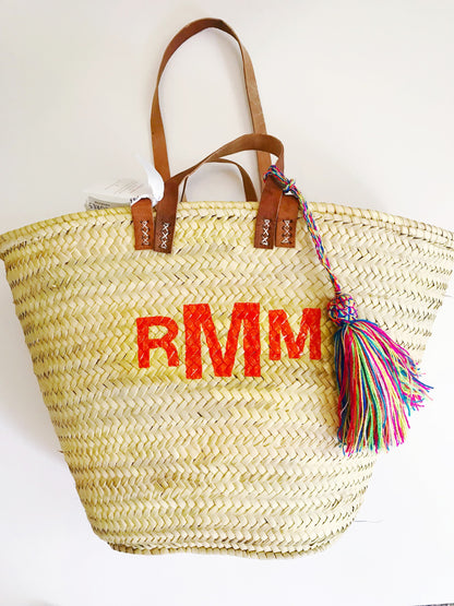 Double Strap Straw Monogram Tote