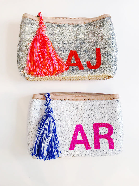 Sequin Straw Clutch + Monogram