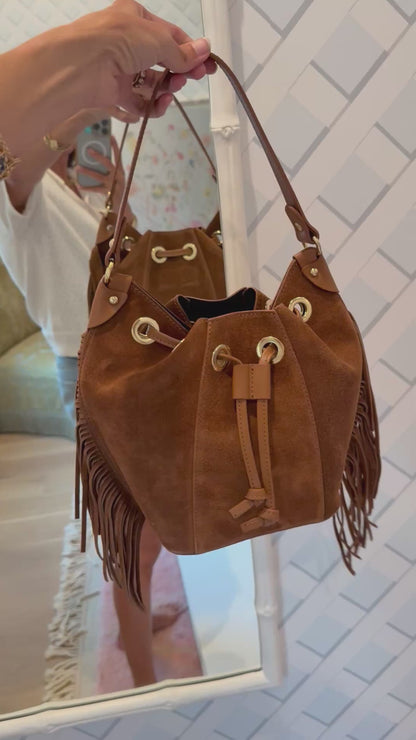 Suede Fringe Tote : Cognac